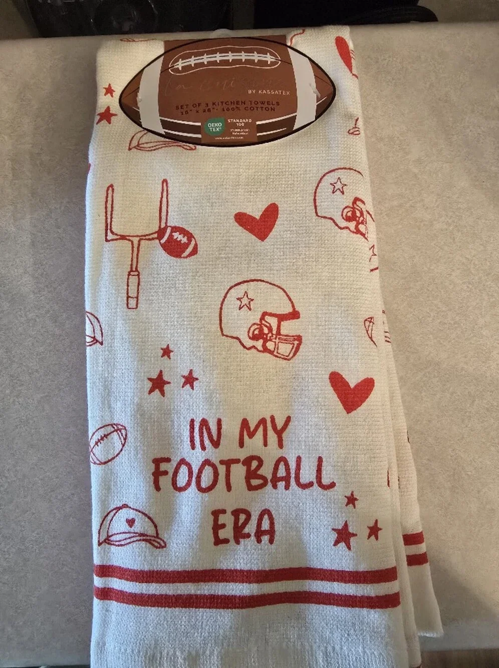 Kassatex White Kitchen Towel with Red Football Motif